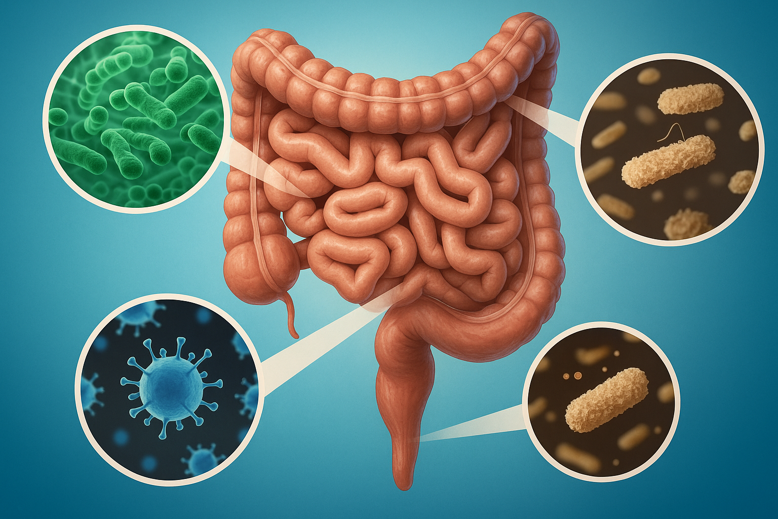 3D illustration of the digestive system with close-up views of gut microbes.