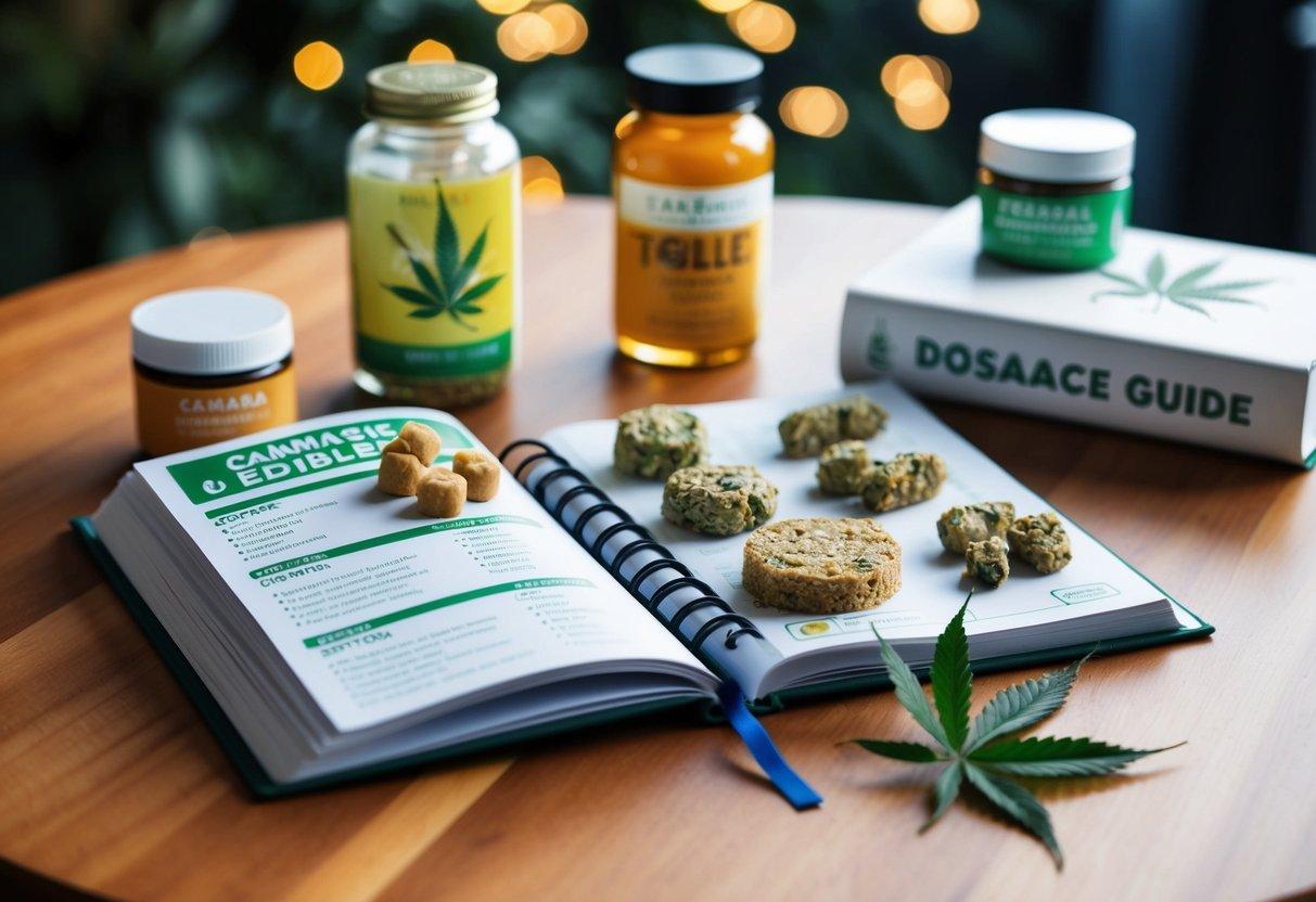 A table with various cannabis edibles and a dosage guide book open next to them