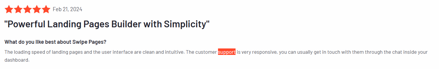 Image of a Swipe Pages G2 review about the user interface and customer support