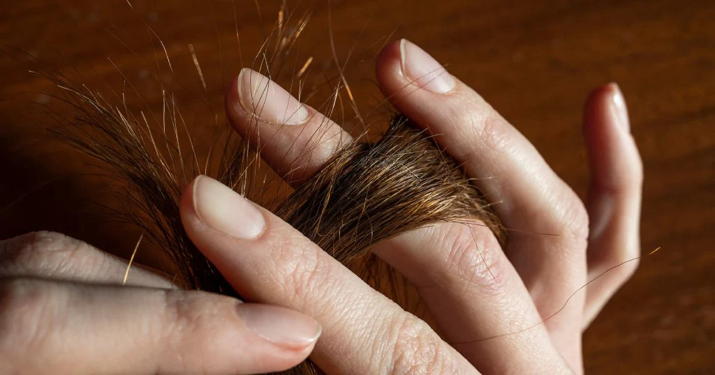 Close-up of fingers wrapping damaged hair strands—dead ends hair shown with visible split ends.