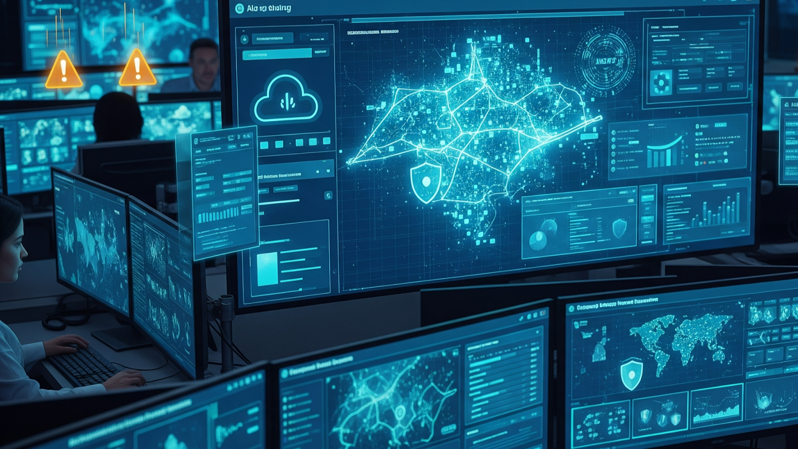 Cybersecurity operations center with glowing threat maps, analysts, AI tools, and MSSPs detecting threats across cloud, network, and endpoints using shields, alerts, and automated responses.