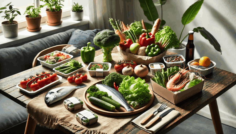 A table set with sustainably sourced foods, including fresh vegetables, sustainable seafood, and eco-friendly packaging.