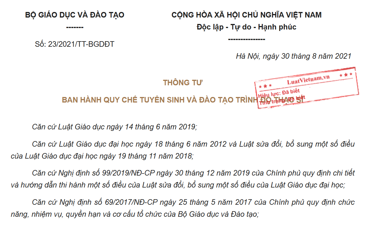 Thông tư số 23/2021/TT-BGDĐT