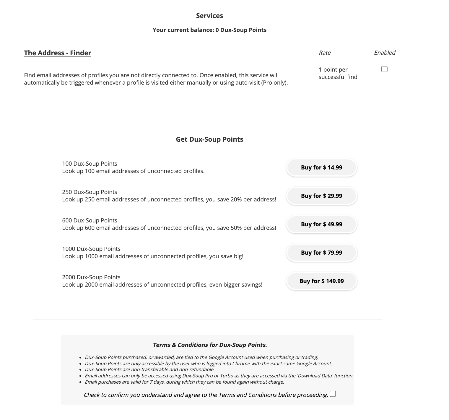 Email scraper requires you to buy Dux-Soup points separately.