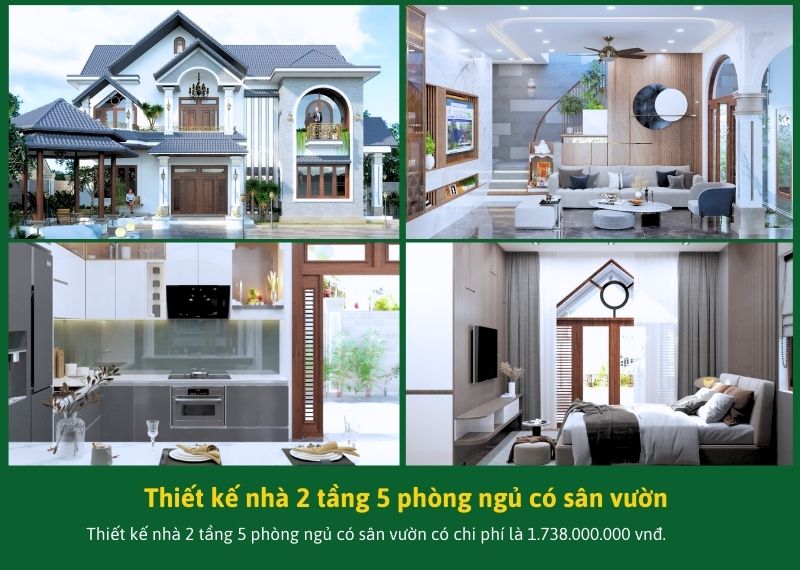 Thiết kế nhà 2 tầng 5 phòng ngủ có sân vườn Xây dựng Nhất Tín