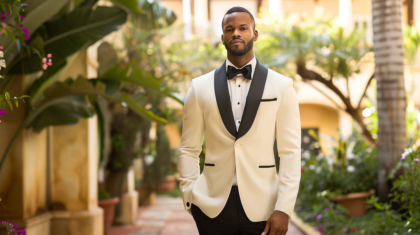 Man in a white or ivory tuxedo jacket paired with black trousers, black bow tie, crisp formal styling, standing in a bright outdoor or destination wedding setting.
