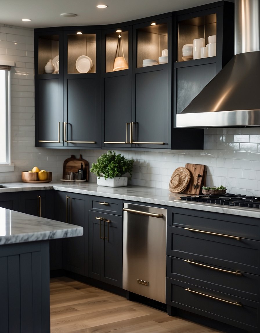 A sleek, modern kitchen with Charcoal Elegance 32 Dark Gray cabinets, stainless steel appliances, and marble countertops