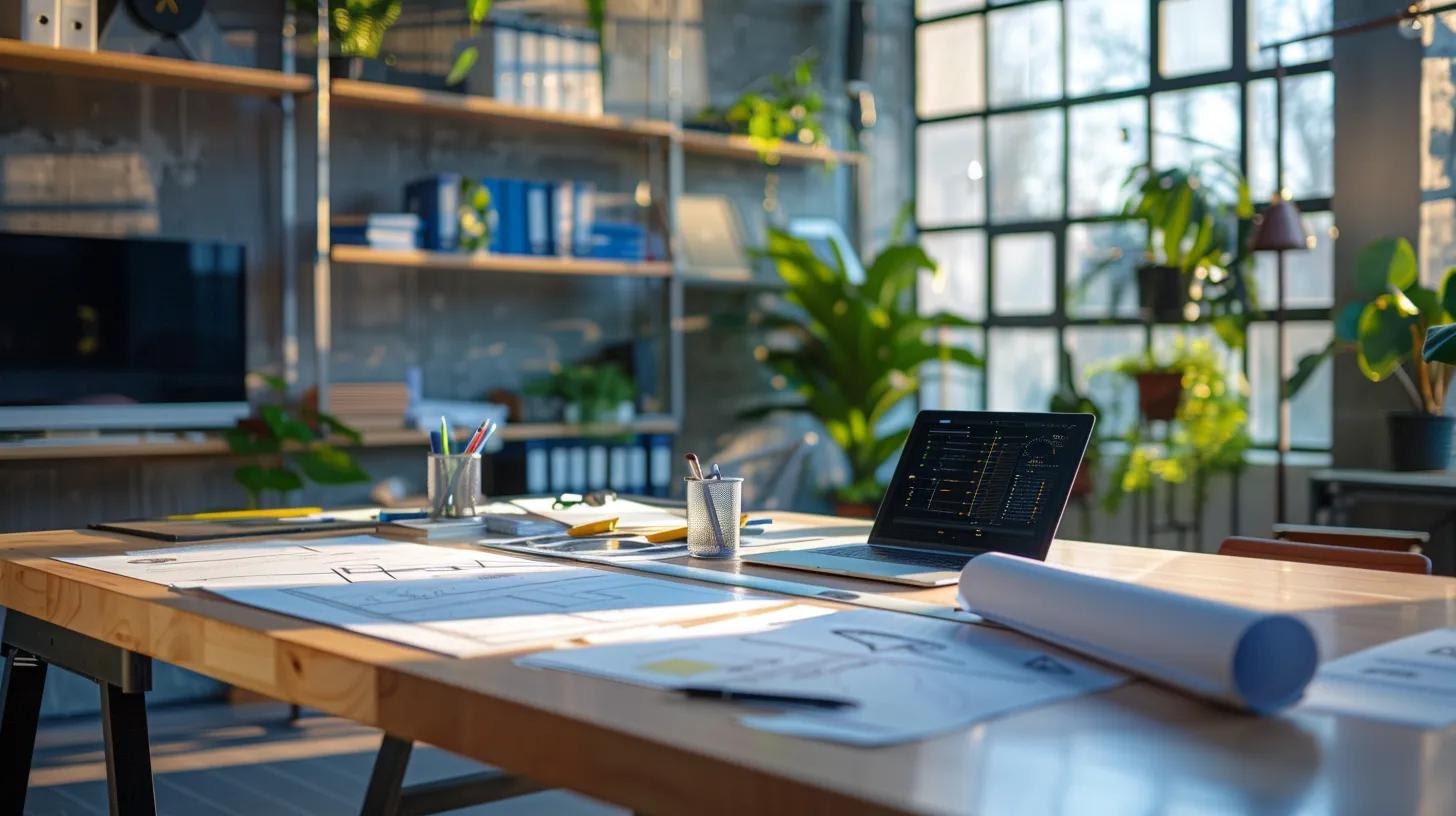 a modern office space features a sleek conference table surrounded by blueprints and tools, illustrating a collaborative discussion on innovative water damage prevention strategies, with bright artificial lighting highlighting the urgency and professionalism of the project.