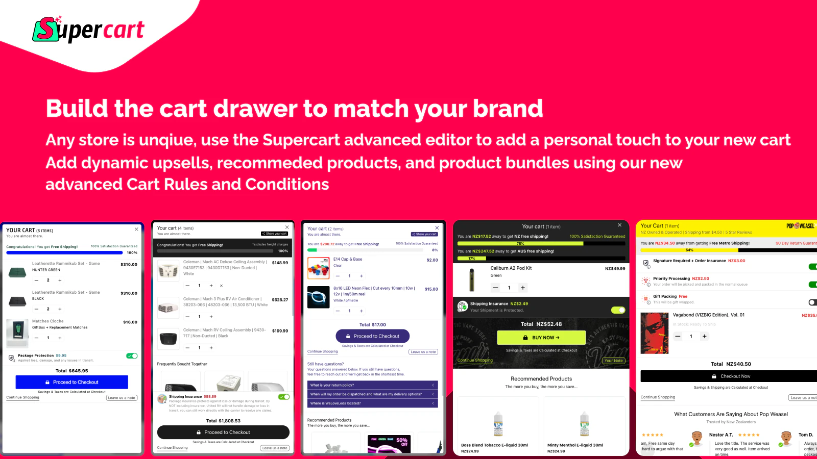 Supercart visual showing examples of customized Shopify cart drawers with dynamic upsells, product recommendations, and bundles. Highlights include branded cart designs, free shipping incentives, insurance offers, and checkout optimization for increased conversions.