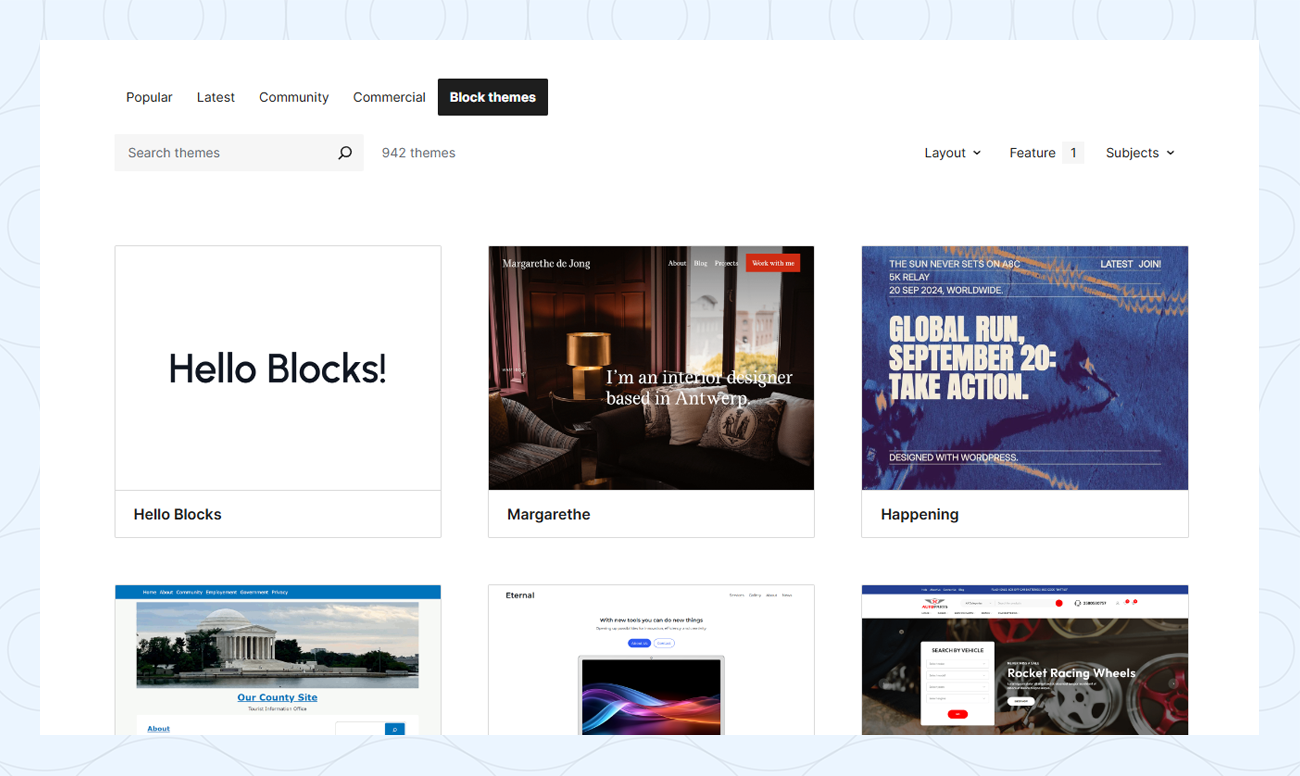 Block themes in the WordPress themes directory