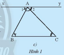 CHƯƠNG 8: TAM GIÁCBÀI 1: GÓC VÀ CẠNH CỦA MỘT TAM GIÁC1. TỔNG SỐ ĐO BA GÓC CỦA MỘT TAM GIÁCBài 1: a. Cắt một tấm bìa hình tam giác và tô màu ba góc của nó (Hình 1a). Cắt rời ba góc ra khỏi tam giác rồi đặt ba góc kề nhau (Hình 1b). Em hãy dự đoán tổng số đo của ba góc trong hình 1b.b. Chứng minh tính chất về tổng số đo ba góc trong một tam giác theo gợi ý.Đáp án chuẩn: a) 180o b) B + BAC + C = A1+BAC+A2=xAy=180oThực hành 1: Tìm số đo các góc chưa biết cả các tam giác trong Hình 3 và cho biết tam giác nào là tam giác nhọn, tam giác tù, tam giác vuông.Đáp án chuẩn:  a) Tam giác CDE là tam giác vuôngb) Tam giác FGH là tam giác nhọnc. Tam giác IJK là tam giác tù2. QUAN HỆ GIỮA BA CẠNH CỦA MỘT TAM GIÁCBài 2: Hãy so sánh tổng độ dài hai cạnh của tam giác trong Hình 4 với độ dài cạnh còn lạiĐáp án chuẩn: Tổng độ dài hai cạnh bất kì lớn hơn độ dài cạnh còn lại.Thực hành 2: Trong các bộ ba độ dài đoạn thẳng dưới đây, bộ ba nào có thể là độ dài ba cạnh của một tam giác?a. 7cm; 8cm; 11cmb. 7cm; 9cm; 16cmc. 8cm; 9cm; 16cmĐáp án chuẩn: a và cVận dụng: Cho tam giác ABC với độ dài ba cạnh là ba số nguyên. Nếu biết AB = 5cm, AC = 3cm thì cạnh BC có thể có độ dài là bao nhiêu xăng ti mét?Đáp án chuẩn: BC có thể là: 3 cm, 4 cm, 5 cm, 6 cm, 7 cm.BÀI TẬP