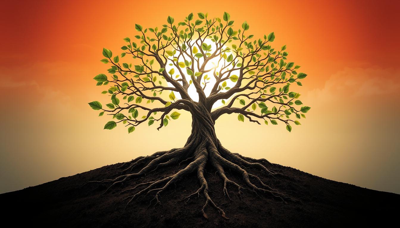 An image that depicts the consistency of manifestation as a tree with roots firmly planted in the ground and branches stretching upward towards the sky. The leaves on the branches should represent each manifestation goal, and they should appear healthy and vibrant as they receive consistent nourishment from the roots. The trunk of the tree should be thick and sturdy, symbolizing the strength and determination required to maintain consistency in manifesting one's dreams. The background should contain a sunrise or sunset, representing the beginning or end of a journey towards manifested dreams.