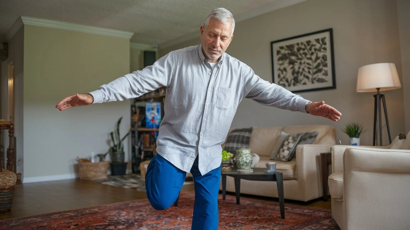 An older adult practicing balance exercises at home.