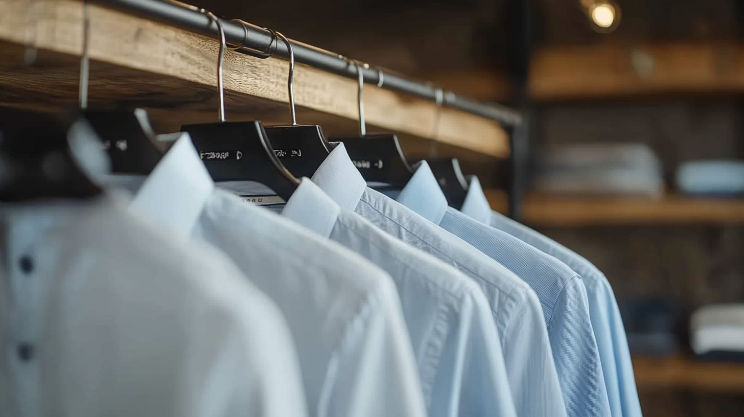 A collection of dress shirts displayed neatly on a clothing rack: a classic white shirt, a light blue shirt, and a light grey shirt, all hung in a professional manner. The shirts are crisp, with clean lines, ready for a job interview. Soft natural light highlights the shirts in a minimalist office background, emphasizing their polished and sharp look.