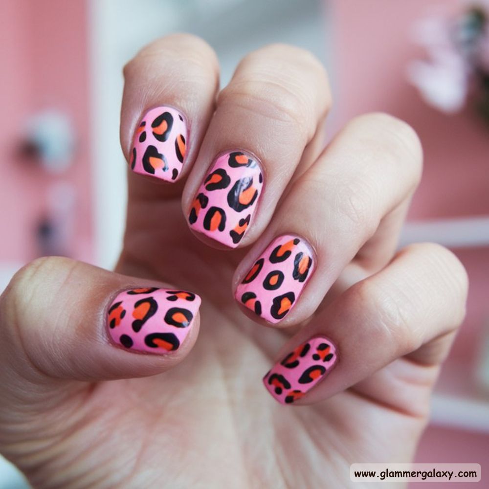 Orange and Pink Summer Nails with Wild Leopard Print