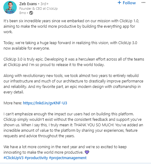 ClickUp Launch announcement on LinkedIn
