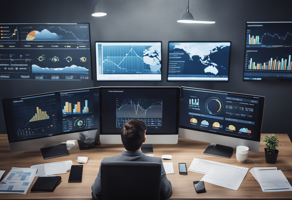 A business owner comparing different SEO agencies, surrounded by charts and graphs, with a thoughtful expression
