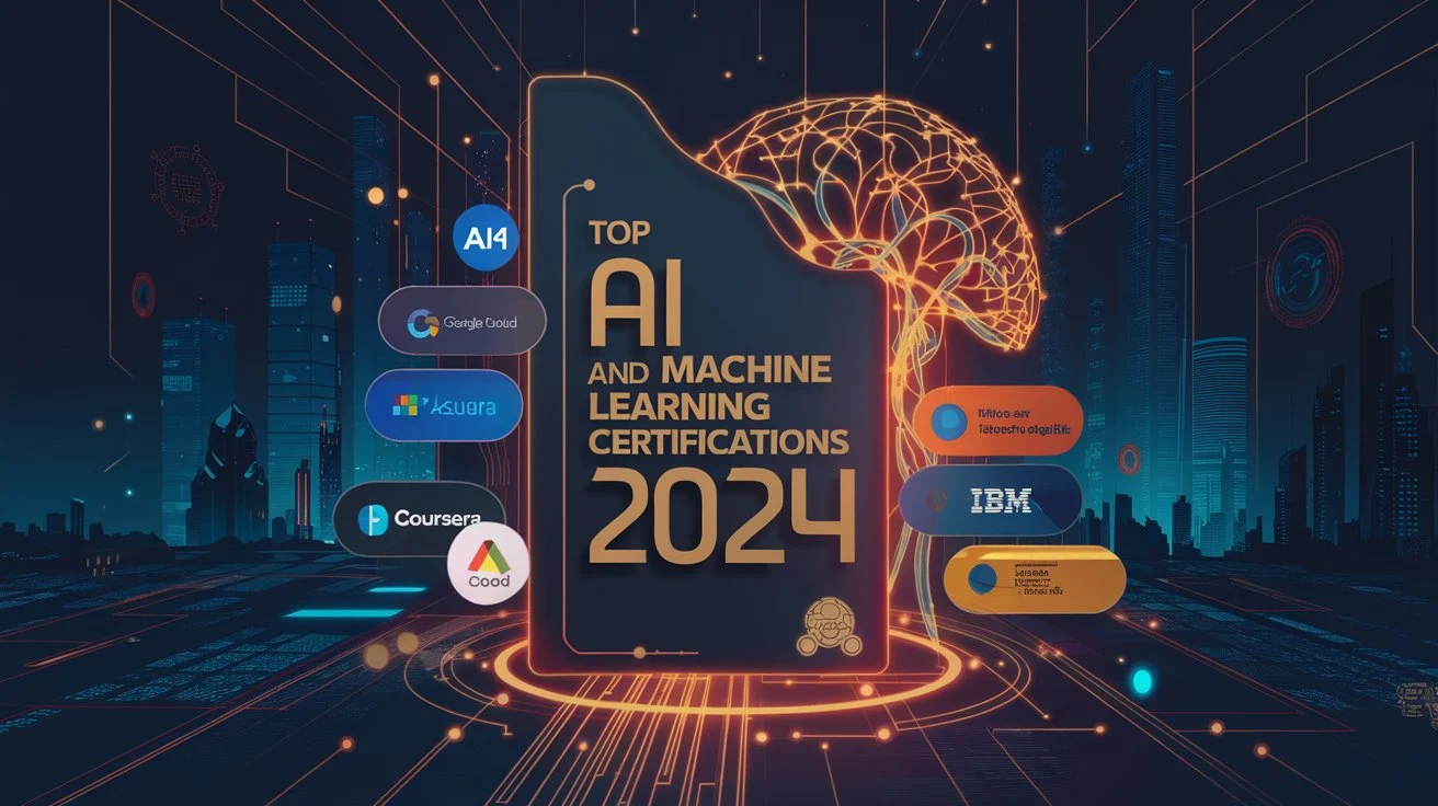 Futuristic representation of AI and machine learning certifications with a glowing neural network, tech symbols, and certification badges, illustrating advanced learning and career growth