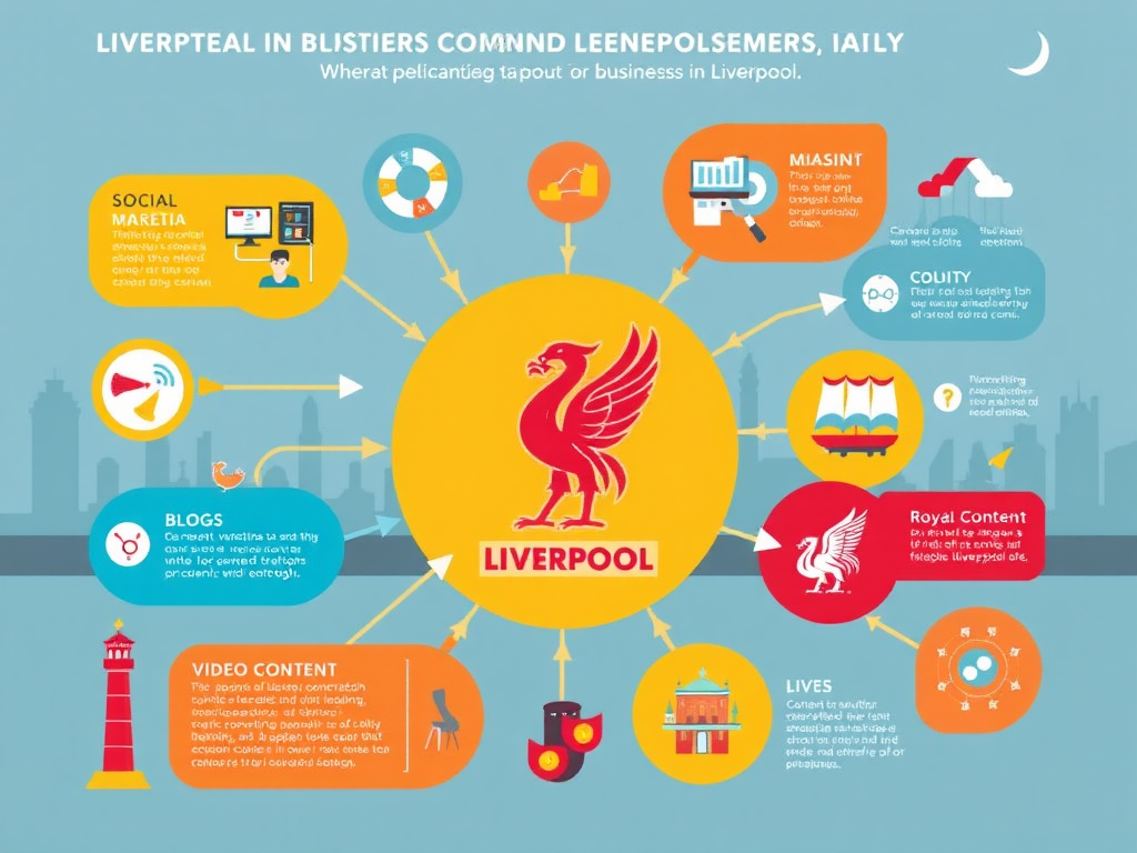 Infographic displaying effective content marketing strategies such as localized content creation, community engagement, local SEO, visual content, social media leverage for SEO, and collaborations with local influencers for businesses in Liverpool.