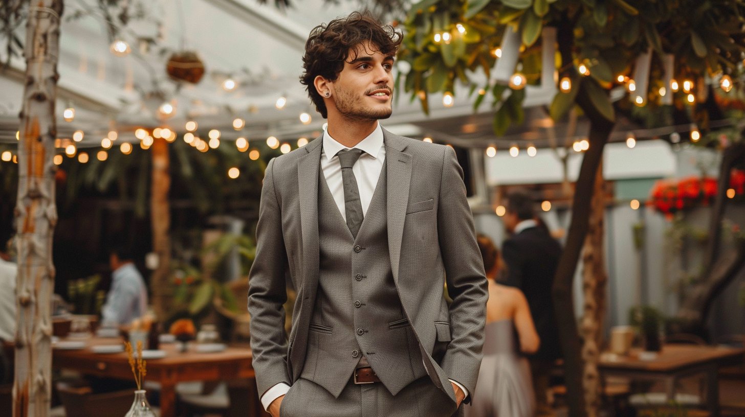 A man wearing a modern fit grey suit with clean lines and subtle structure, standing in a semi-formal outdoor event space