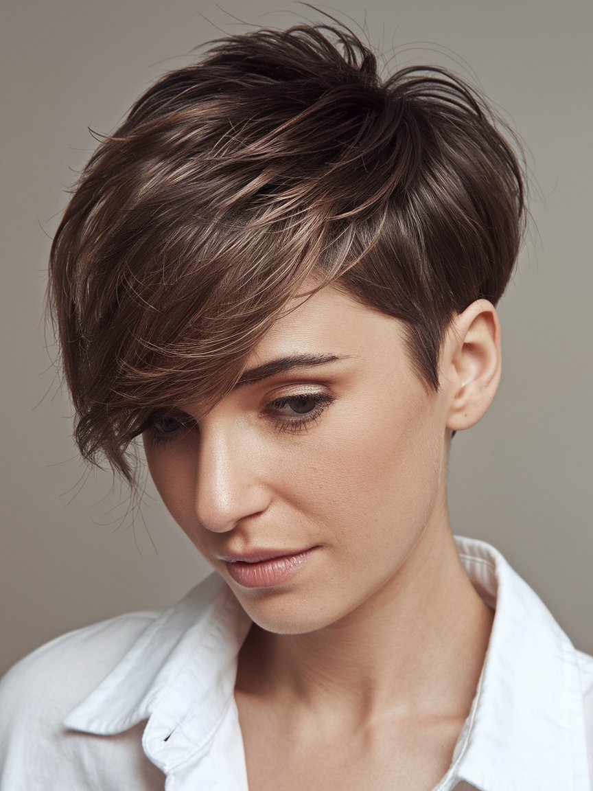 40. Stacked Pixie with Side Swept Bangs