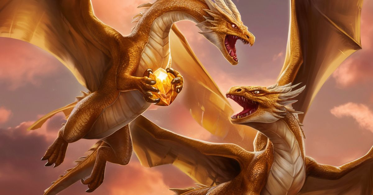 Two golden dragons engage in a fierce battle in the sky, embodying the majestic creatures from dragons in DnD lore.