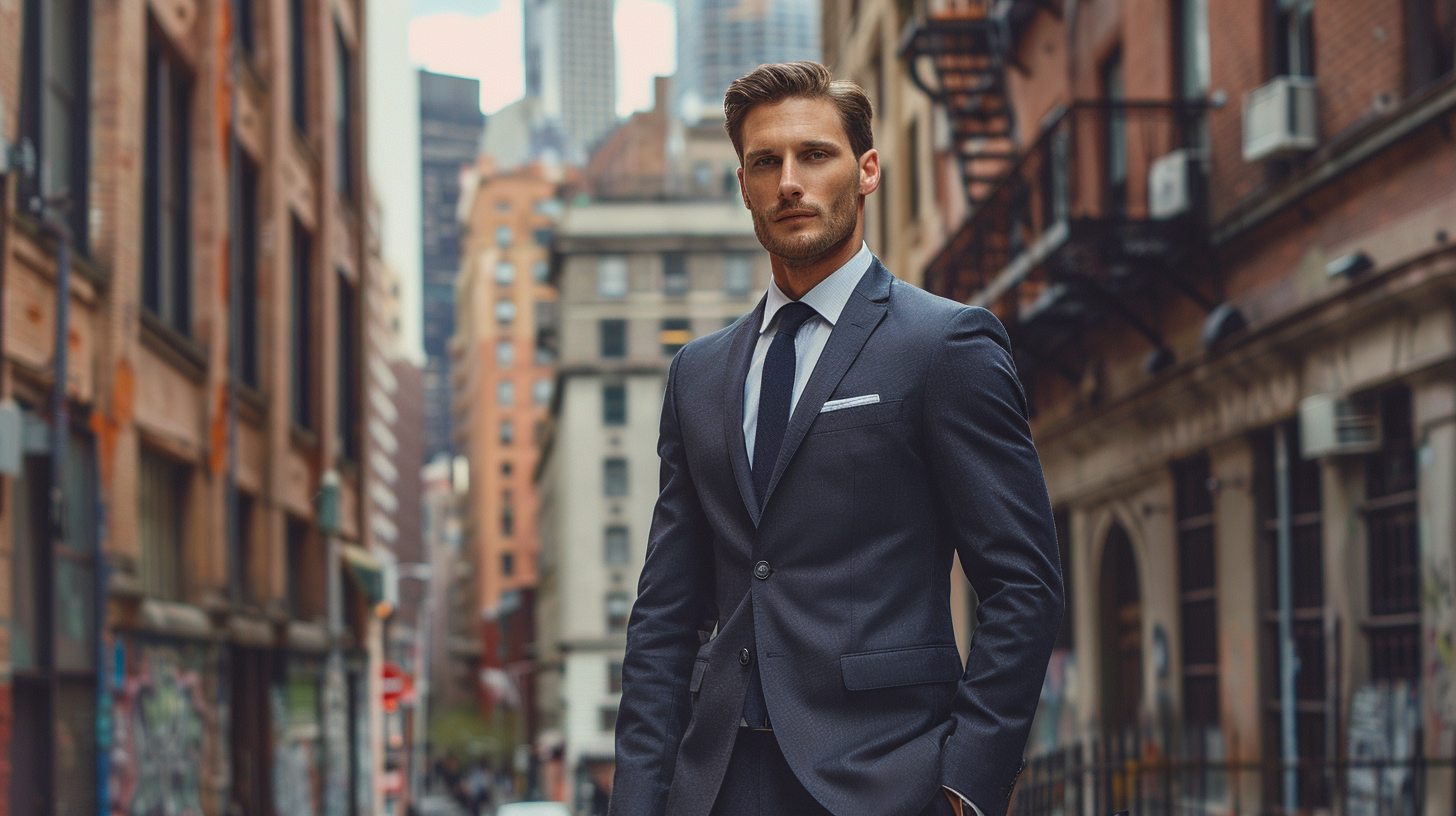 Man with a lean build wearing a slim fit suit, sharply tailored close to the body, paired with narrow lapels and fitted shirt, styled for a trendy fashion shoot or city backdrop