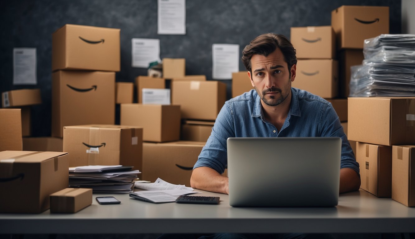 Sellers stress over pending Amazon orders. Show seller at computer, surrounded by packages, with a worried expression. A checklist of mitigation strategies nearby