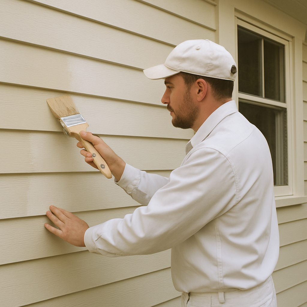 Professional painter applying fresh coat of paint on house exterior