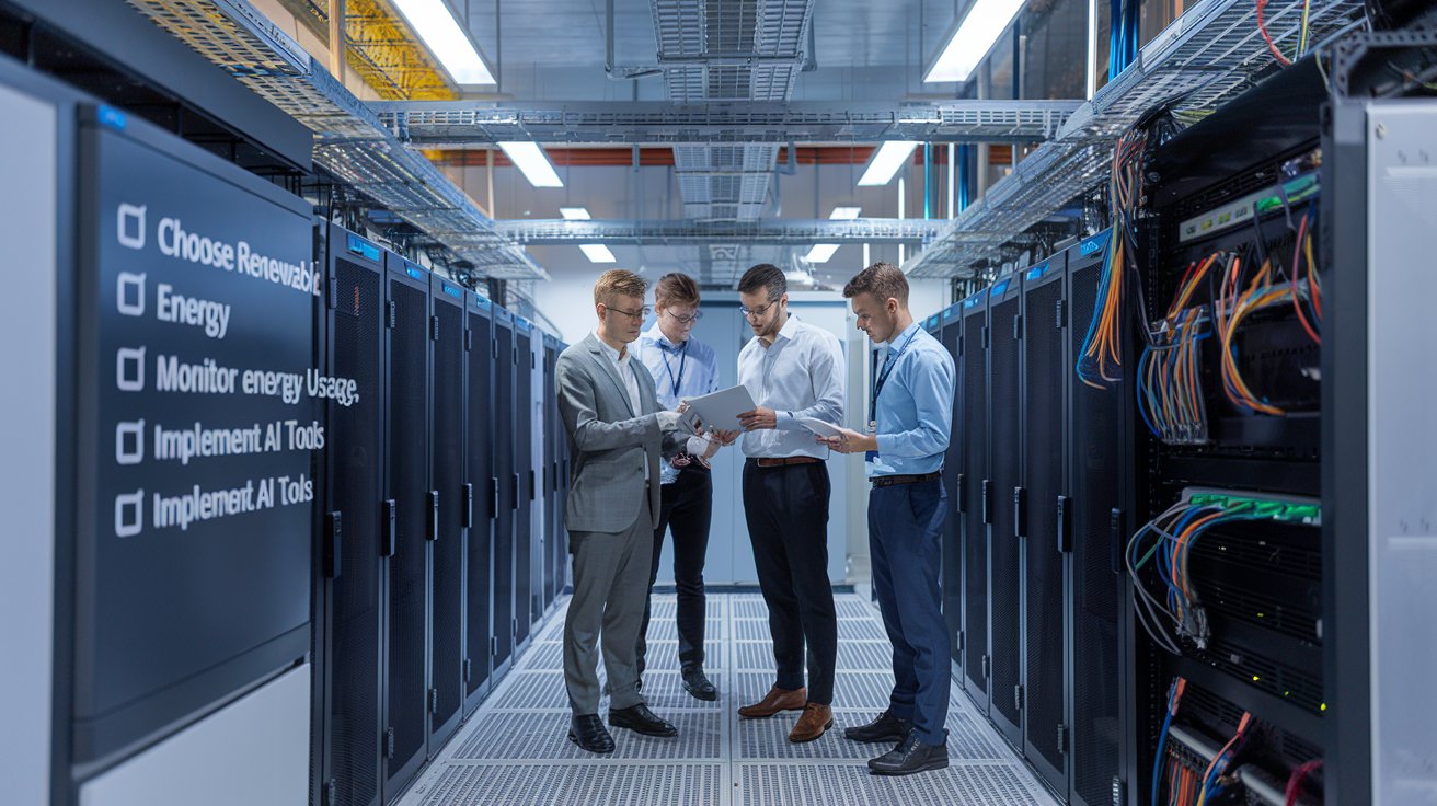 An IT team reviewing best practices for sustainable cloud adoption, with a modern green data center in the background