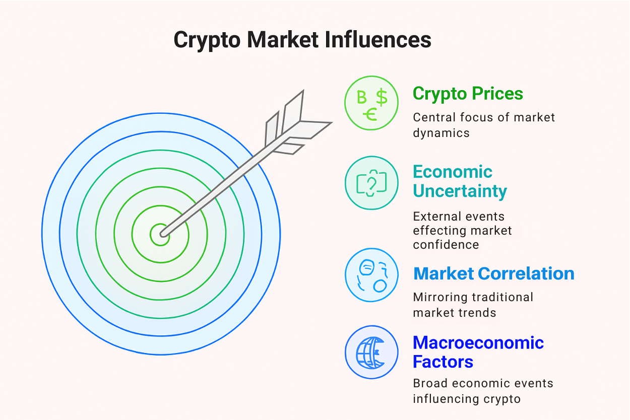 Crypto market influences infographic showing prices, economic uncertainty, correlation, and macroeconomic factors.

