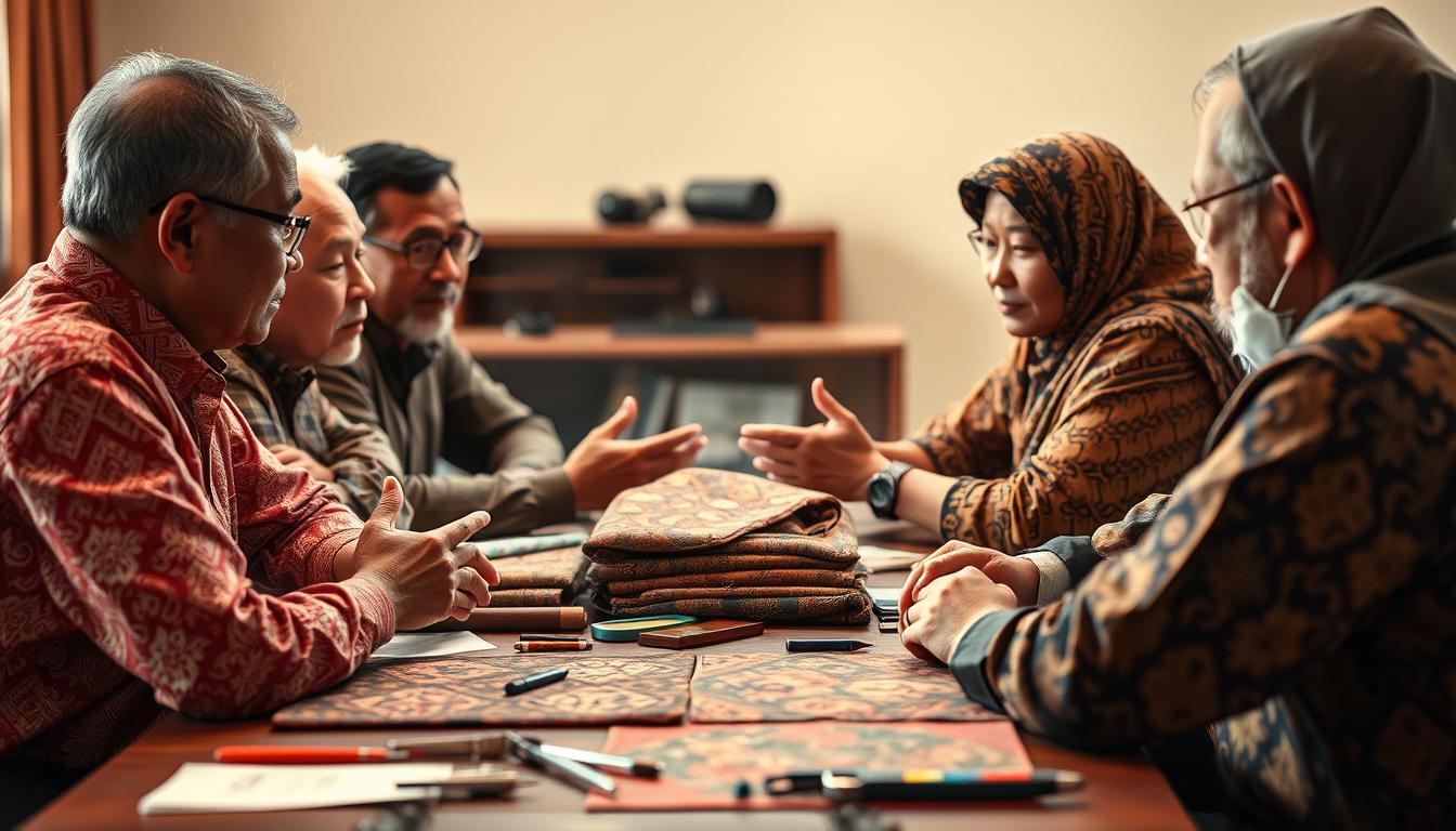 A group of Malaysian batik experts sit around a table, engaged in a lively discussion. The scene is captured in a warm, natural lighting, with a soft focus that draws the viewer's attention to the faces of the debaters. In the foreground, the experts lean in, their hands gesturing as they exchange ideas. In the middle ground, a collection of batik samples and tools lie on the table, hinting at the depth of their expertise. The background softly blurs, allowing the focus to remain on the faces and the intense exchange of perspectives. The overall mood is one of thoughtful deliberation, as the experts work to provide their insights on government support for the Malaysian batik industry.