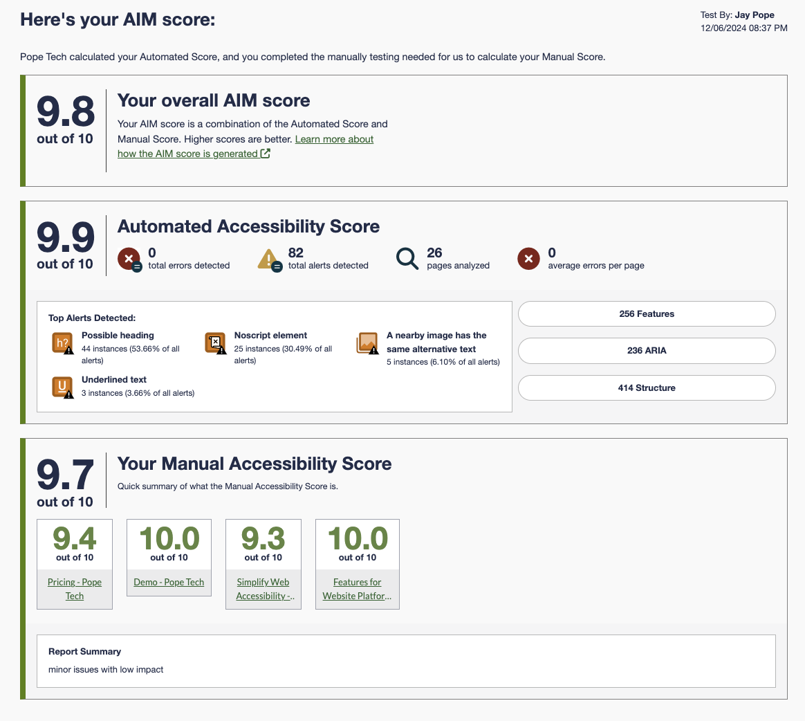 AIM Score report including the overall AIM score, Automated score, and manual score. The automated score includes total errors, alerts, pages analyzed and average errors per page. Also includes total features, ARIA, and structure results plus most common issues. THe manual score includes the scores for each page tested and any notes added.