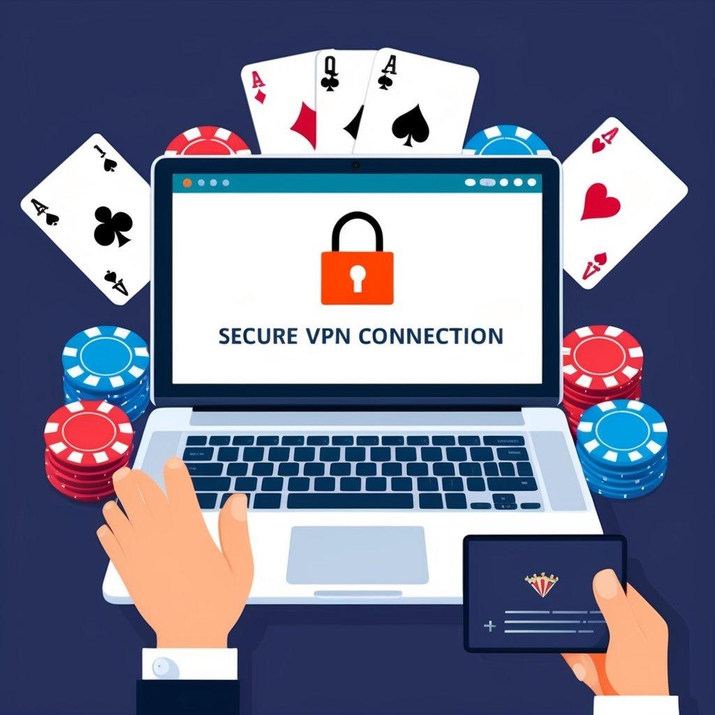 A laptop with a secure VPN connection, surrounded by casino chips and cards, symbolizing enhanced online gambling privacy