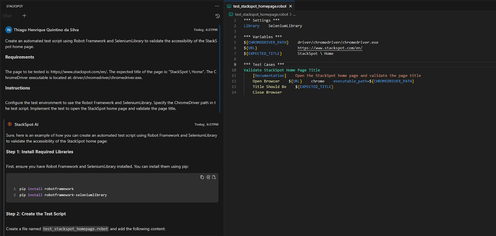 Image from the article on Web test automation. On the left side, we have part of the Vs Code IDE snippet with the prompt response, and the implementation code for the "Validate Stackspot HomePage Title" test on the right.