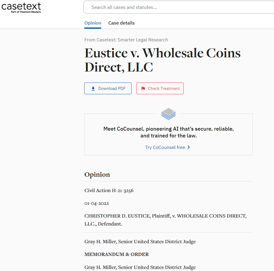 Wholesale Coins Direct lawsuit