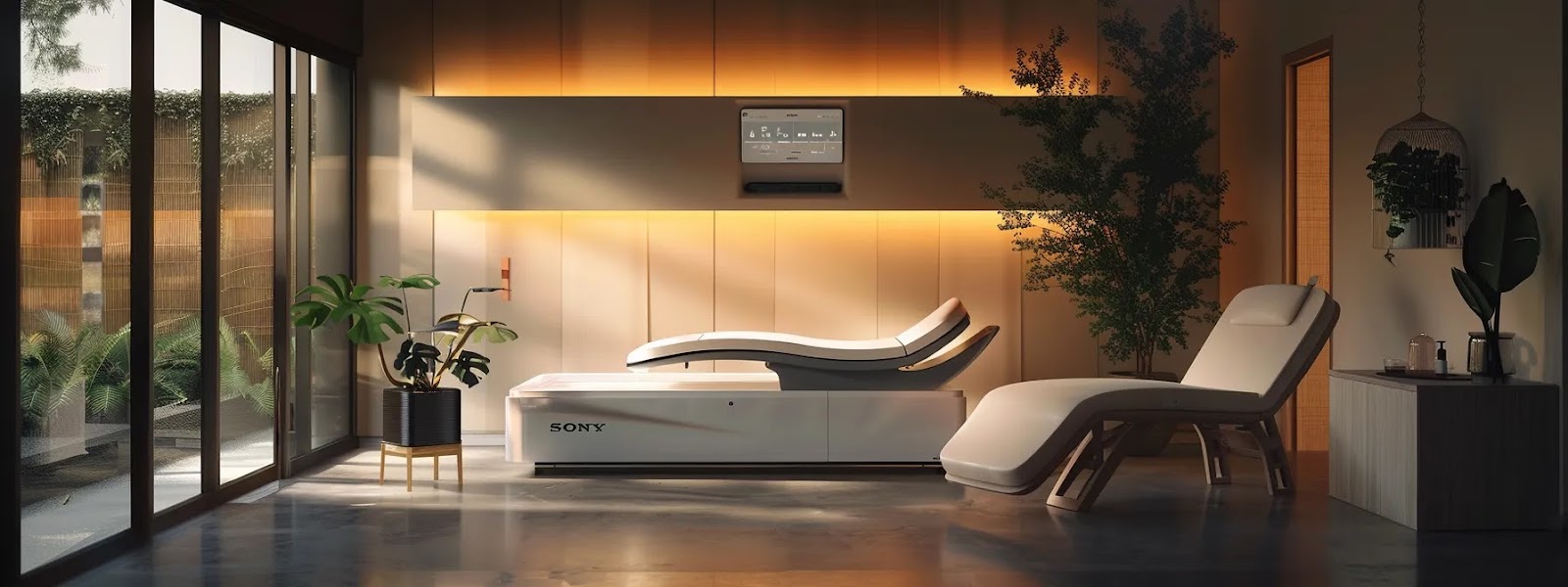 a serene, elegantly lit treatment room showcases a state-of-the-art radiofrequency machine, highlighting the concept of modern, non-invasive facial rejuvenation with a focus on comfort and advanced skin care.