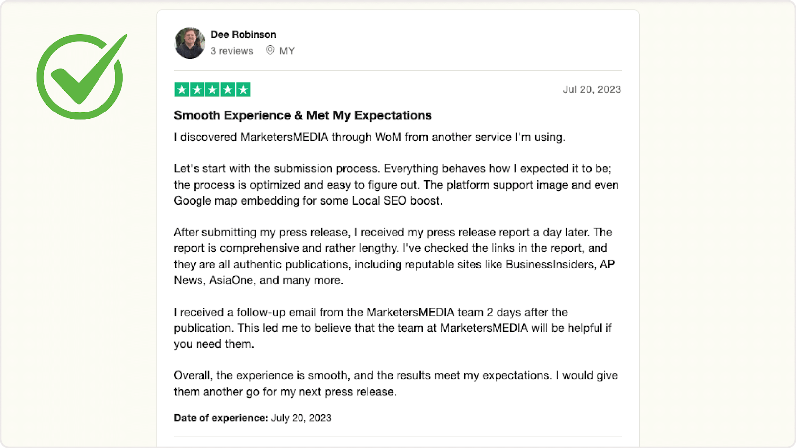 MarketersMEDIA Newswire customer review on the Trustpilot platform.