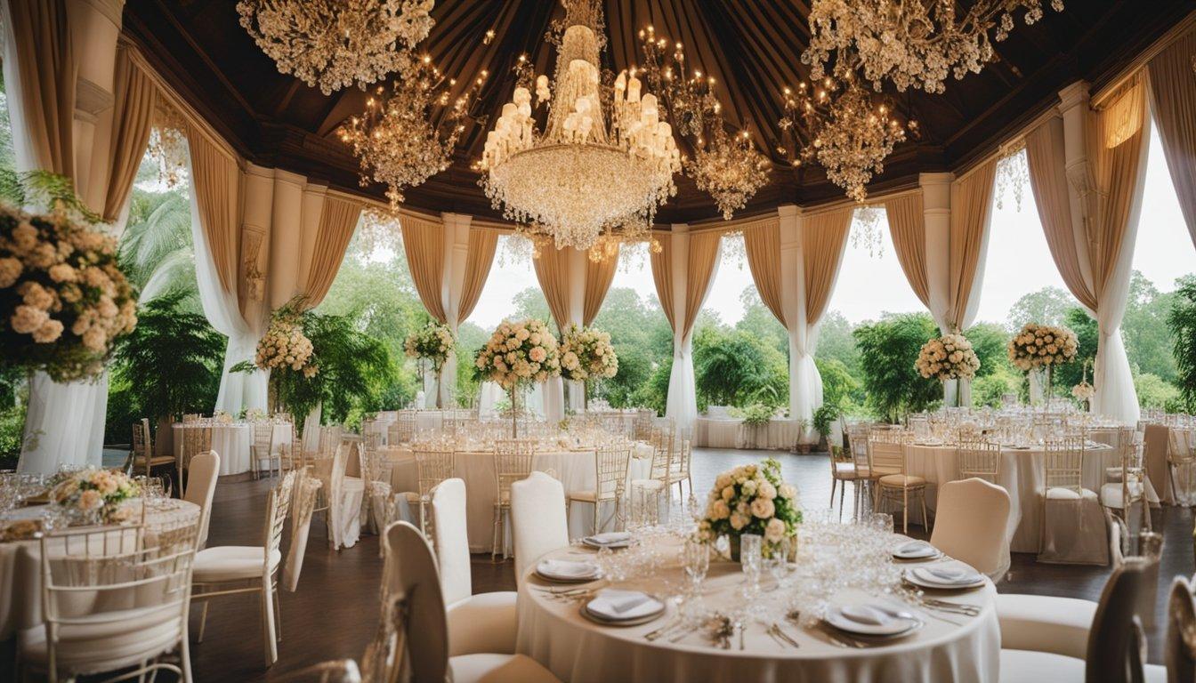 A lush garden with blooming flowers and a gazebo set up for a wedding ceremony, contrasting with a grand ballroom adorned with elegant chandeliers and ornate decorations