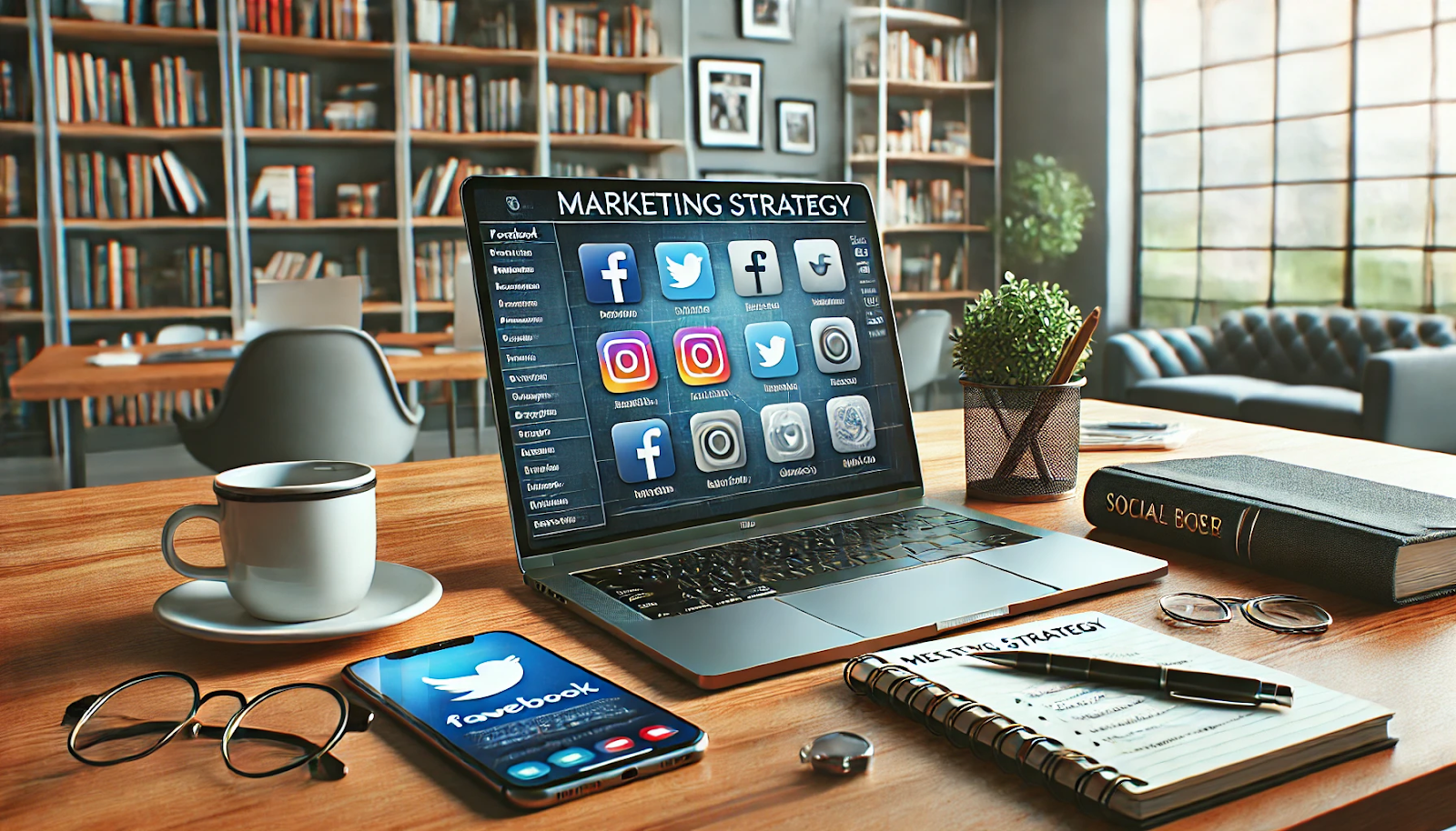 A cozy library workspace with a laptop showing a "Marketing Strategy" dashboard, a phone showing a social media logo, coffee, glasses, and a notebook.