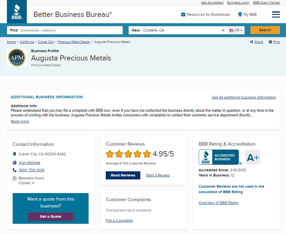 BBB REVIEWS OF Augusta Precious Metal 