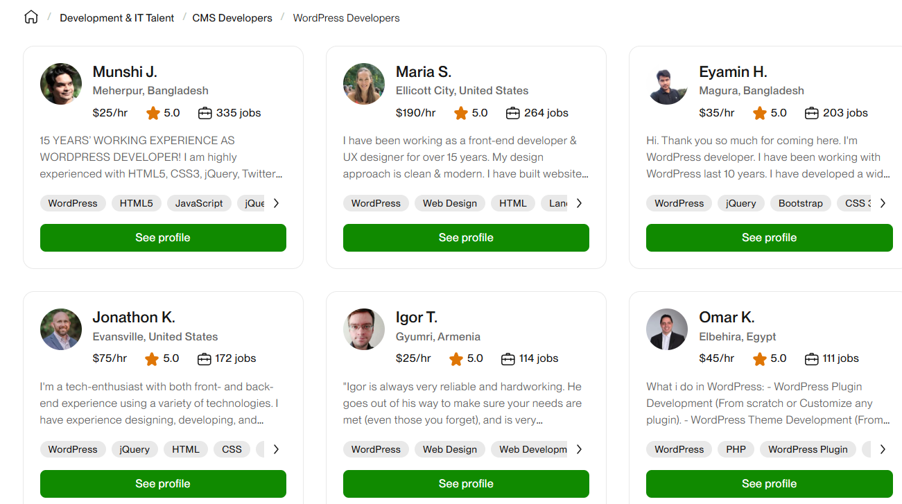 Searching for freelance WordPress experts on Upwork
