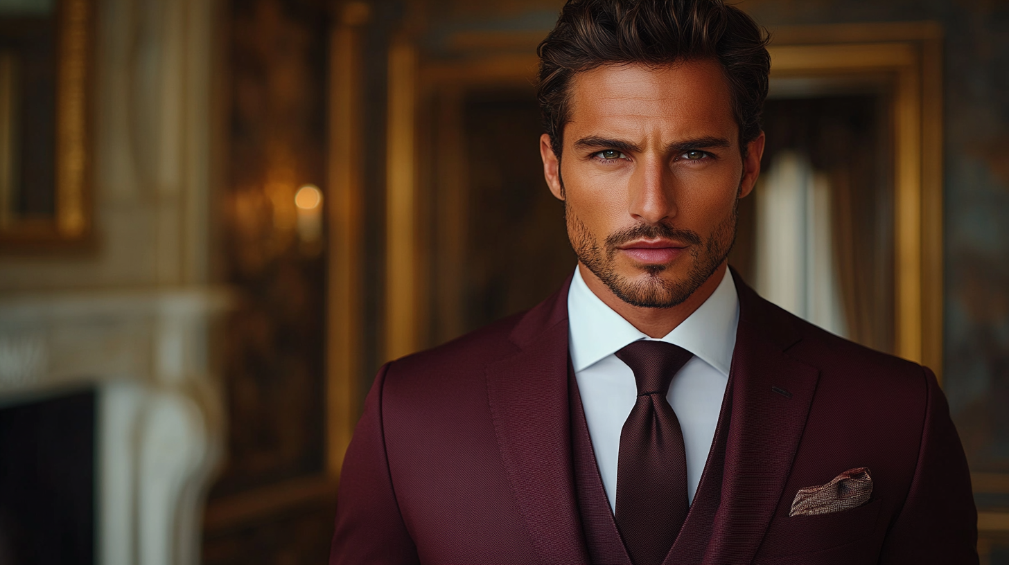 A man with medium skin tone wearing a burgundy suit, perfectly tailored with a white shirt and a dark tie. The rich burgundy color complements the golden undertones of the skin, creating a warm, balanced look. The suit is sophisticated and refined, ideal for a formal event like a business meeting or evening gala. The background is soft with elegant lighting that highlights the depth of the burgundy suit and the polished, sharp silhouette