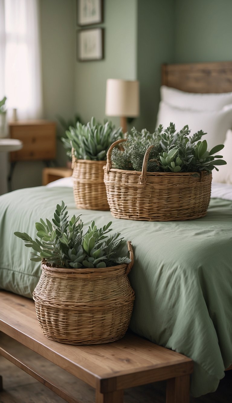 Sage green baskets arranged in a serene bedroom setting