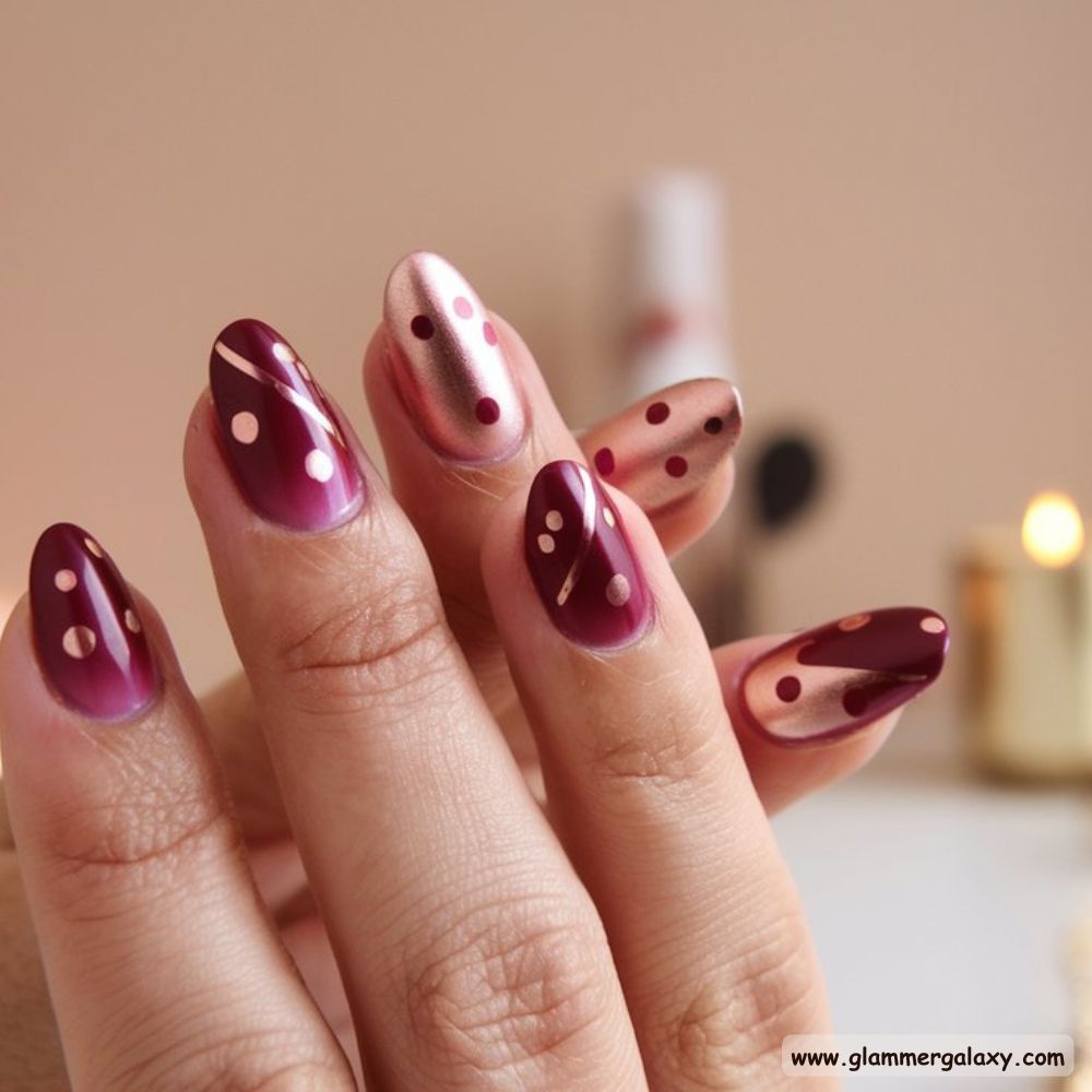 Burgundy fall Nails with Burgundy and Rose Gold Harmony