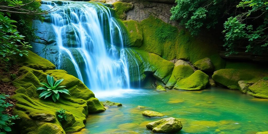 Cachoeira do Campo com águas cristalinas e vegetação exuberante.