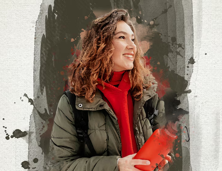 Watercolor effect photo of a girl holding a water bottle