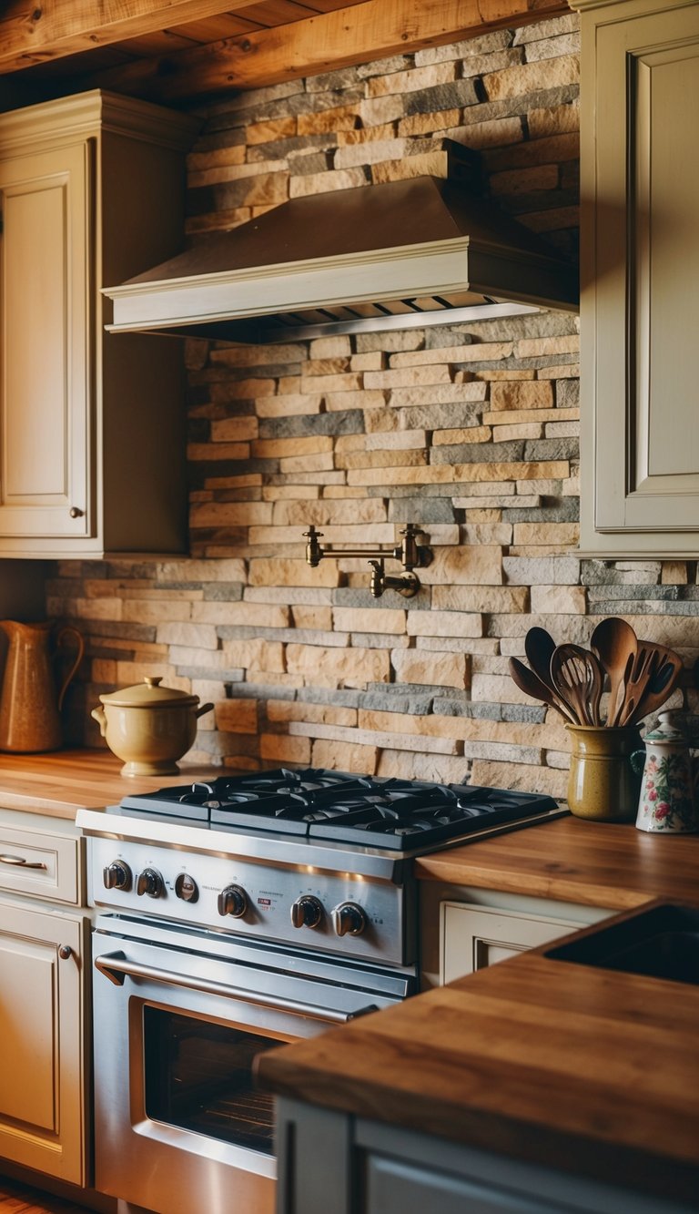 A weathered stone backsplash in a rustic farmhouse kitchen, with warm lighting and vintage kitchenware