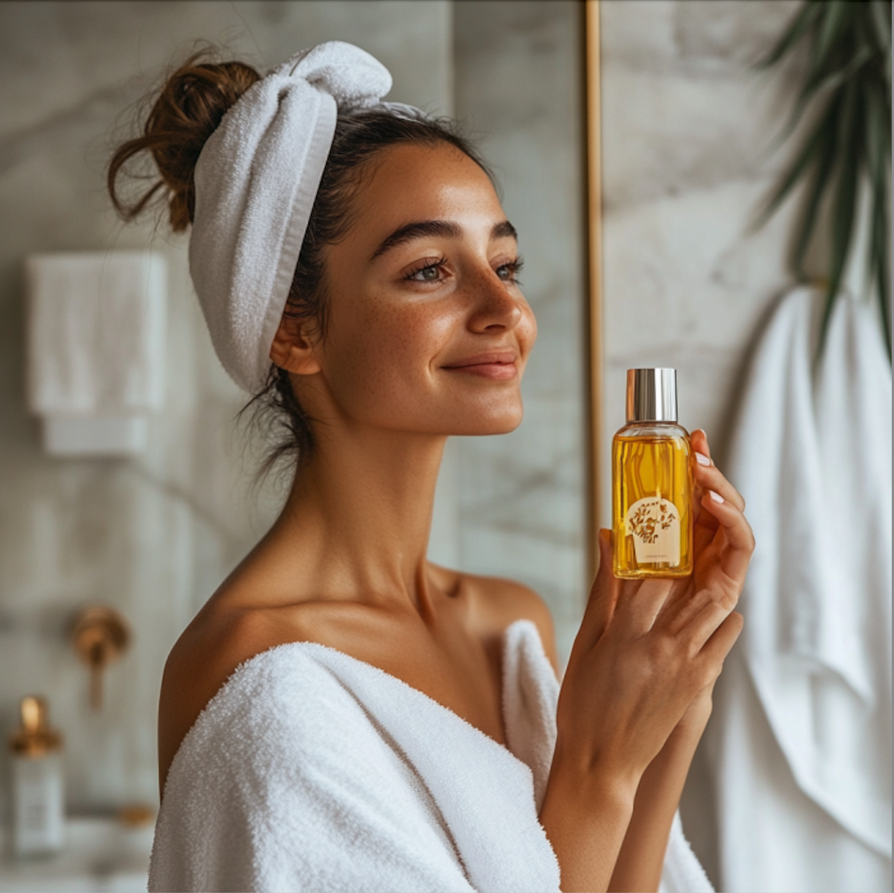 Young woman standing in her modern marble bathroom in a cozy white robe and matching white headband, holding her shower oil, showcasing her gleaming skin.