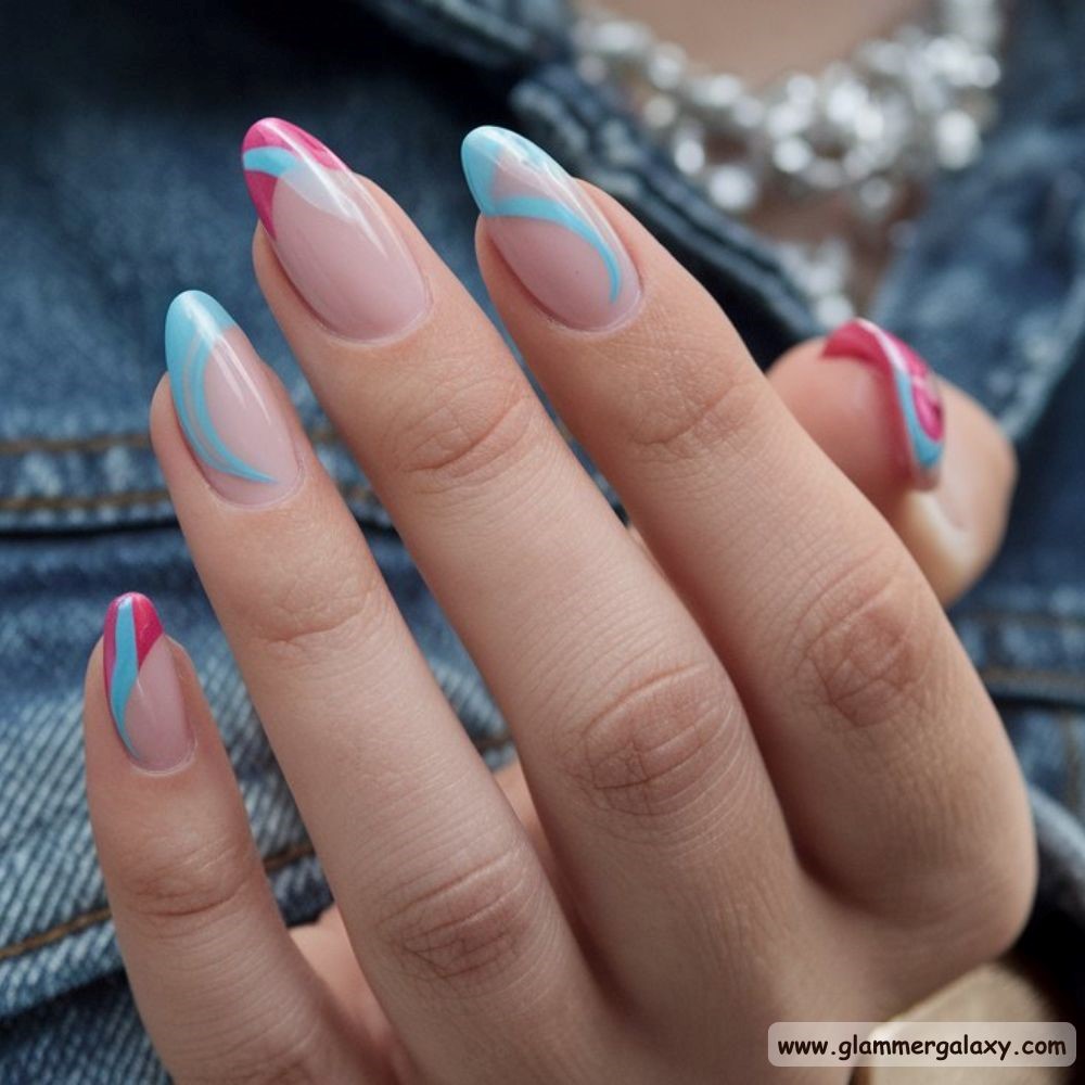 End of Summer Nails having Pearly Pink and Blue Swirls